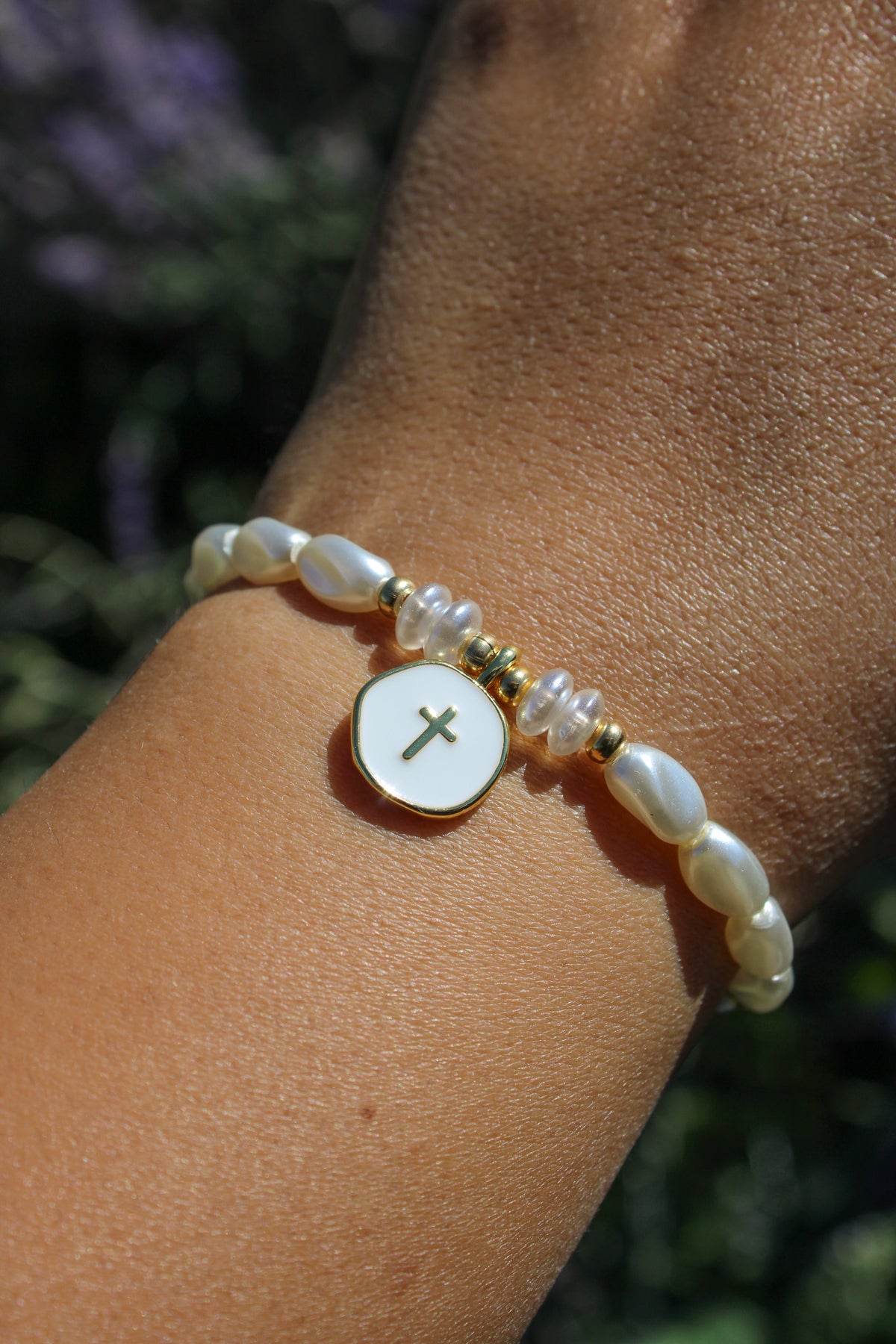 Pearl Cross Charm Bracelet