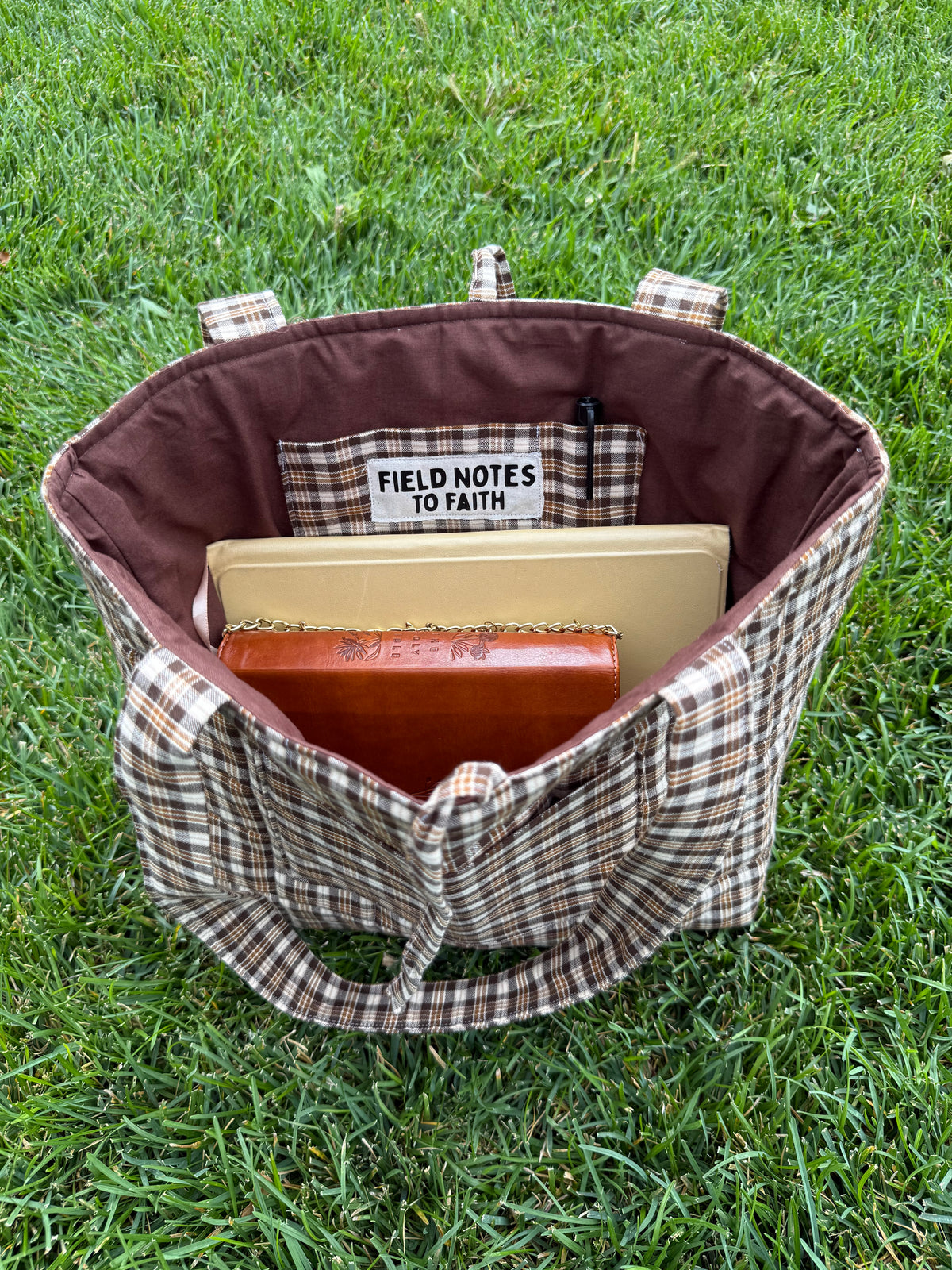 Brown Plaid Quilted Bible Tote Bag