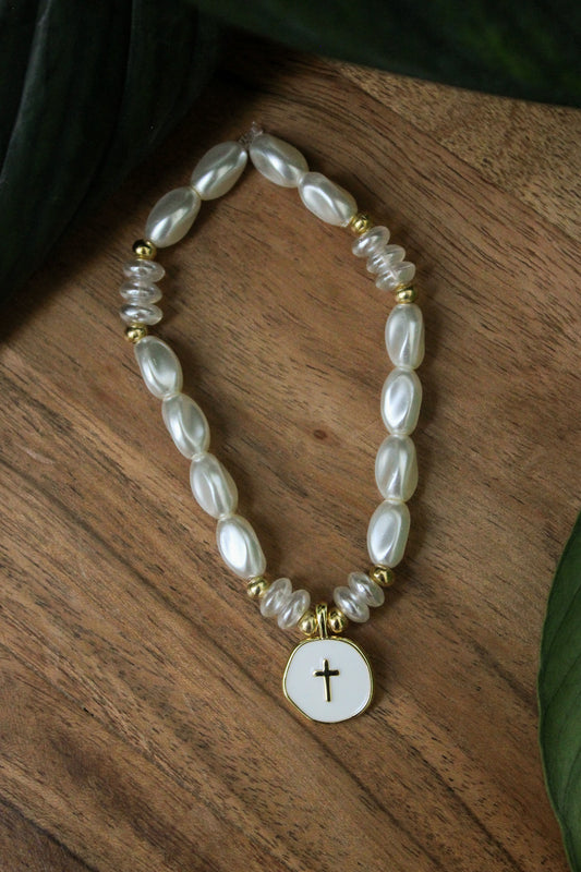 Pearl Cross Charm Bracelet